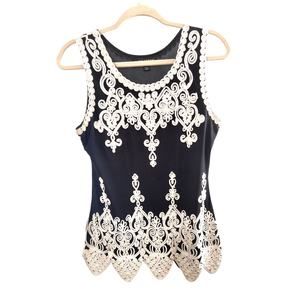 Juliette Scalloped Embroidered Lace Top Women's Size S Black White Sleeveless
